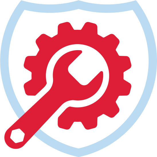 Red wrench and gear inside blue shield icon
