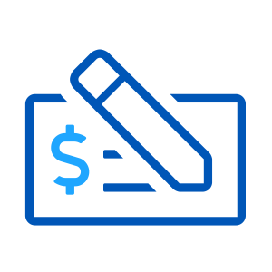 blue icon with a pen writing a check