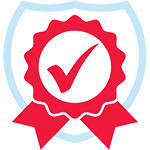Red ribbon and checkmark centered within blue shield icon