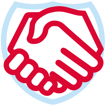 Red handshake inside blue shield icon