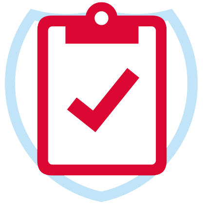Red clipboard with checkmark inside blue shield icon