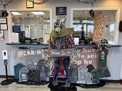 The lobby of the Lebanon building decorated for Trunk or Treat.